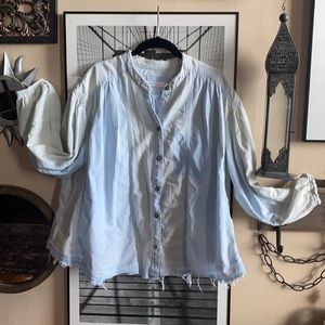 We the free. Sm distress, two-tone, raw edge button down denim